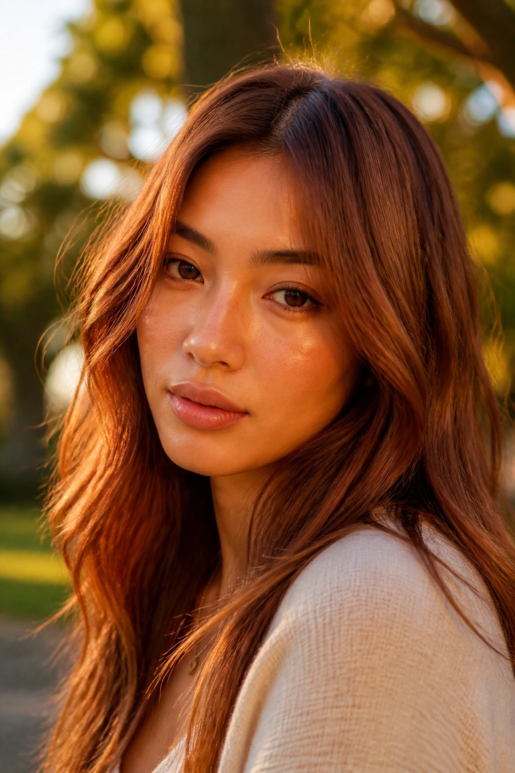 Close-up portrait of a real woman with warm auburn whiskey hair in golden hour light