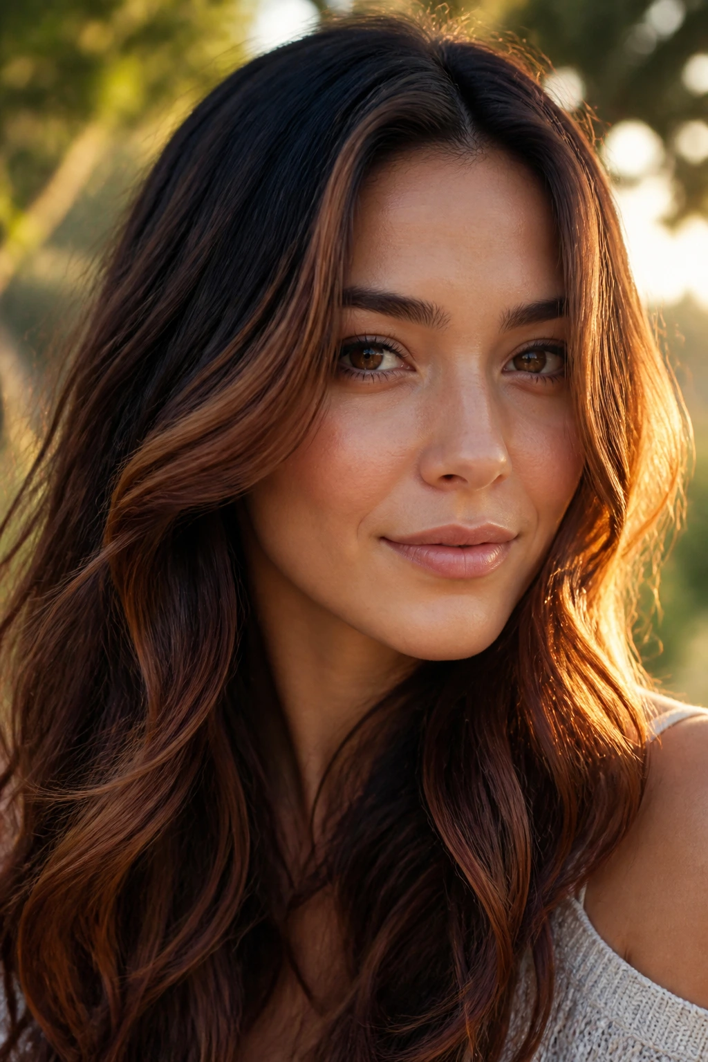 Close-up of a real woman with auburn whisper lights catching side light on an oval face
