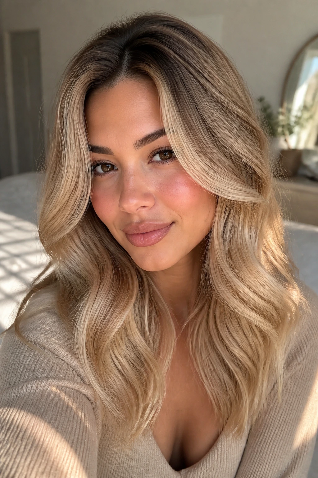 Close-up portrait of a real person wearing Autumn Blonde With Root Shadow with creamy blonde and soft root shadow