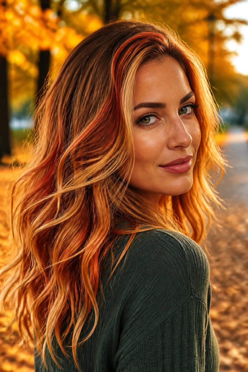 Close-up of a real person with autumn ember blonde hair in golden hour light