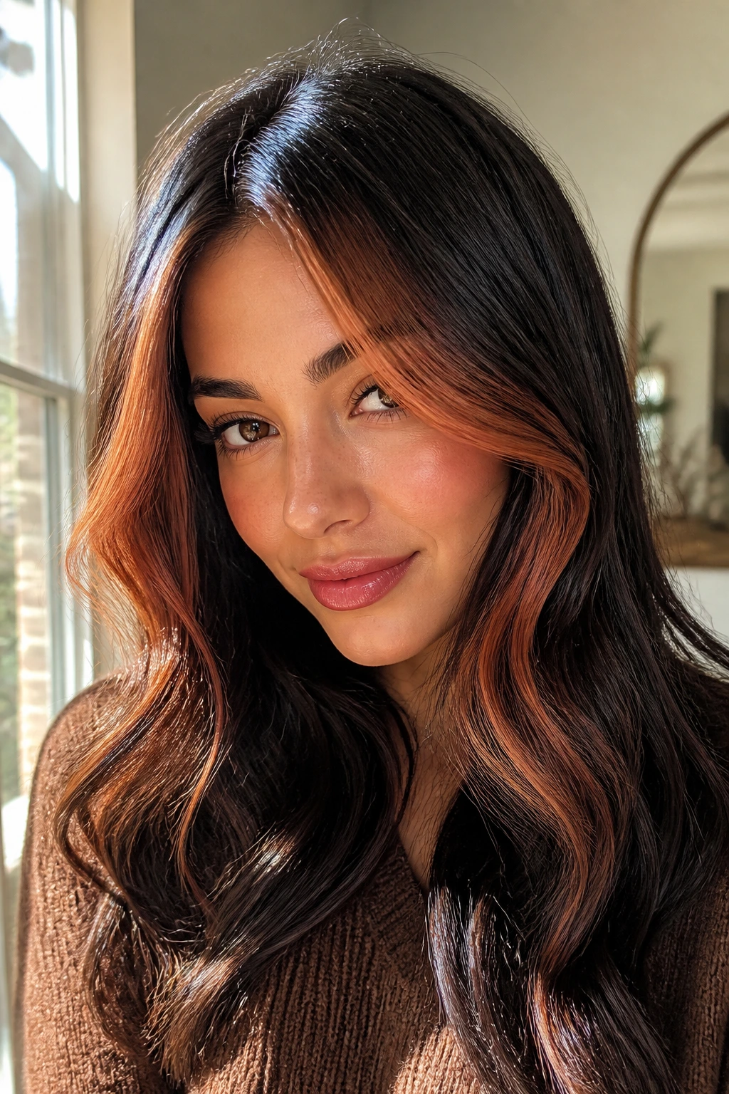 Face-framing warm gloss around the face with copper amber tones in natural light
