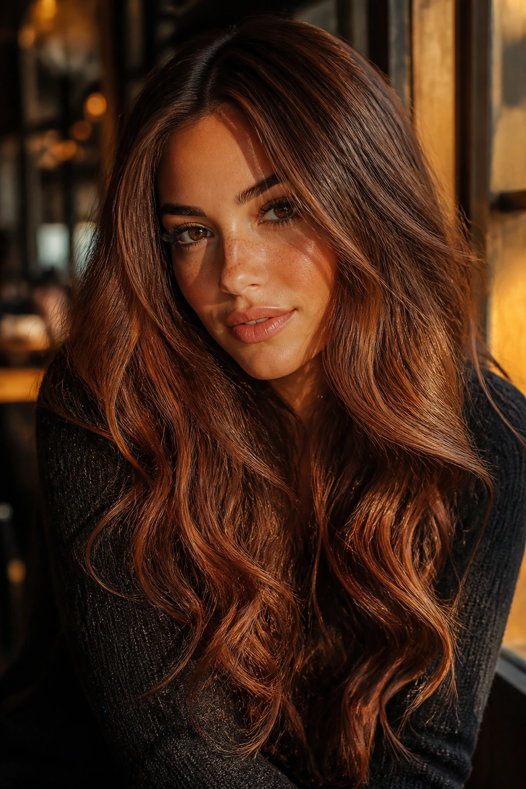 Close-up of a real woman with autumn spice brunette hair in warm amber light