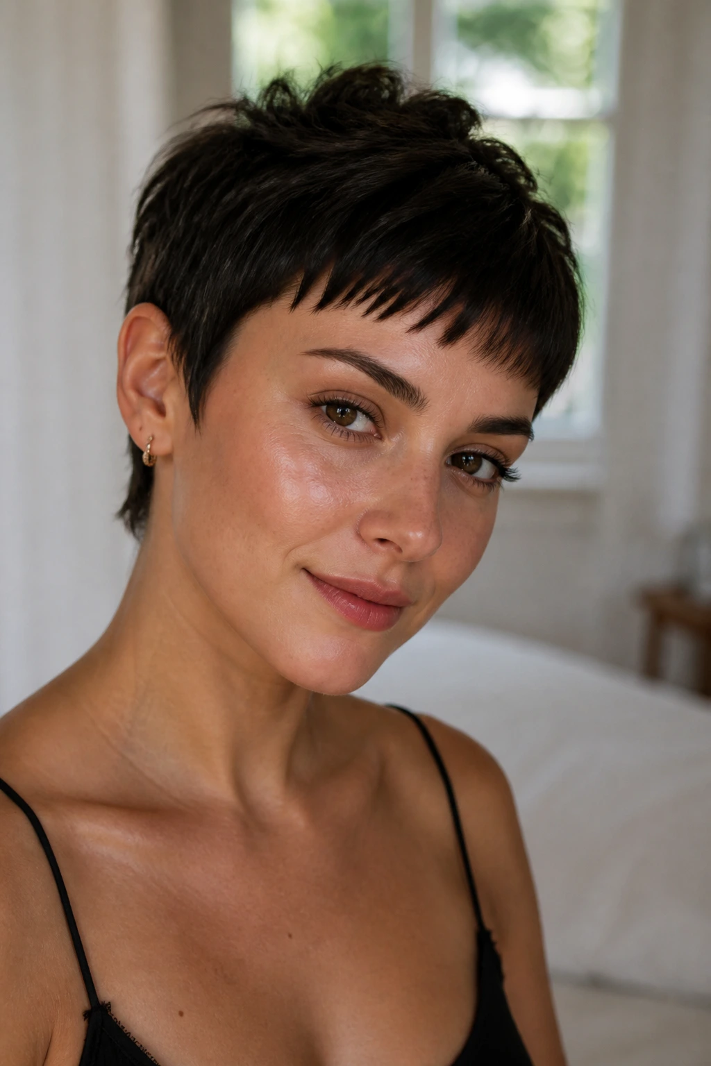 Close-up of a real woman with baby-bang pixie and short fringe