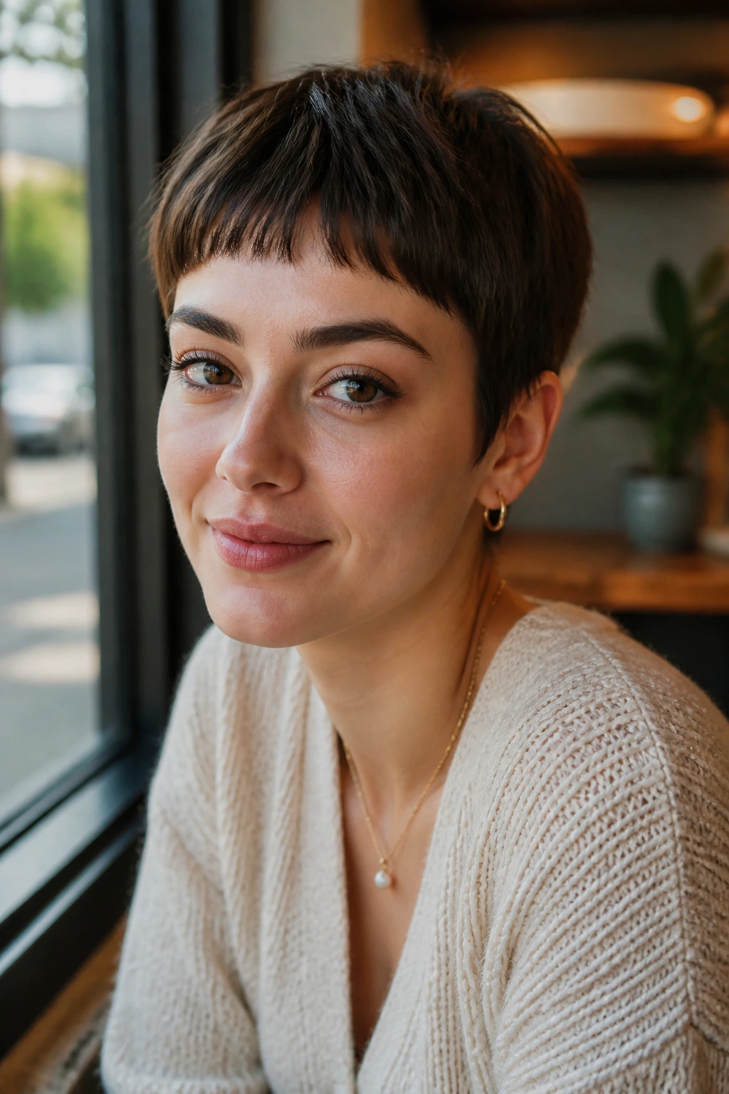Close-up portrait of a real woman with baby-bang pixie
