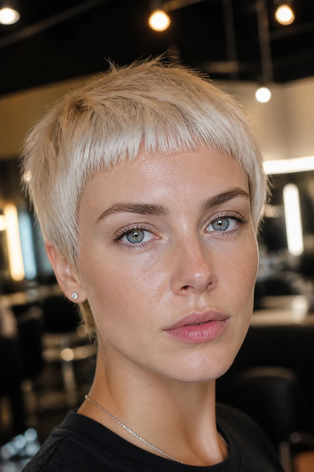 Close-up of a real woman with platinum baby bangs pixie in a salon