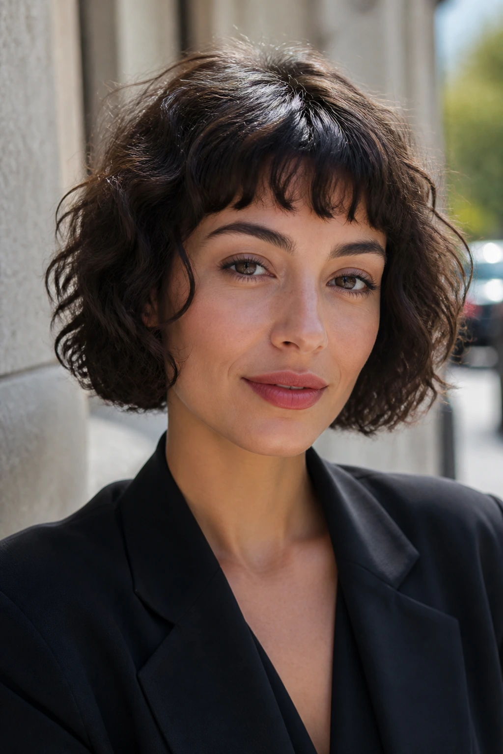 Close-up of a real woman with baby bangs and French bob in urban daylight