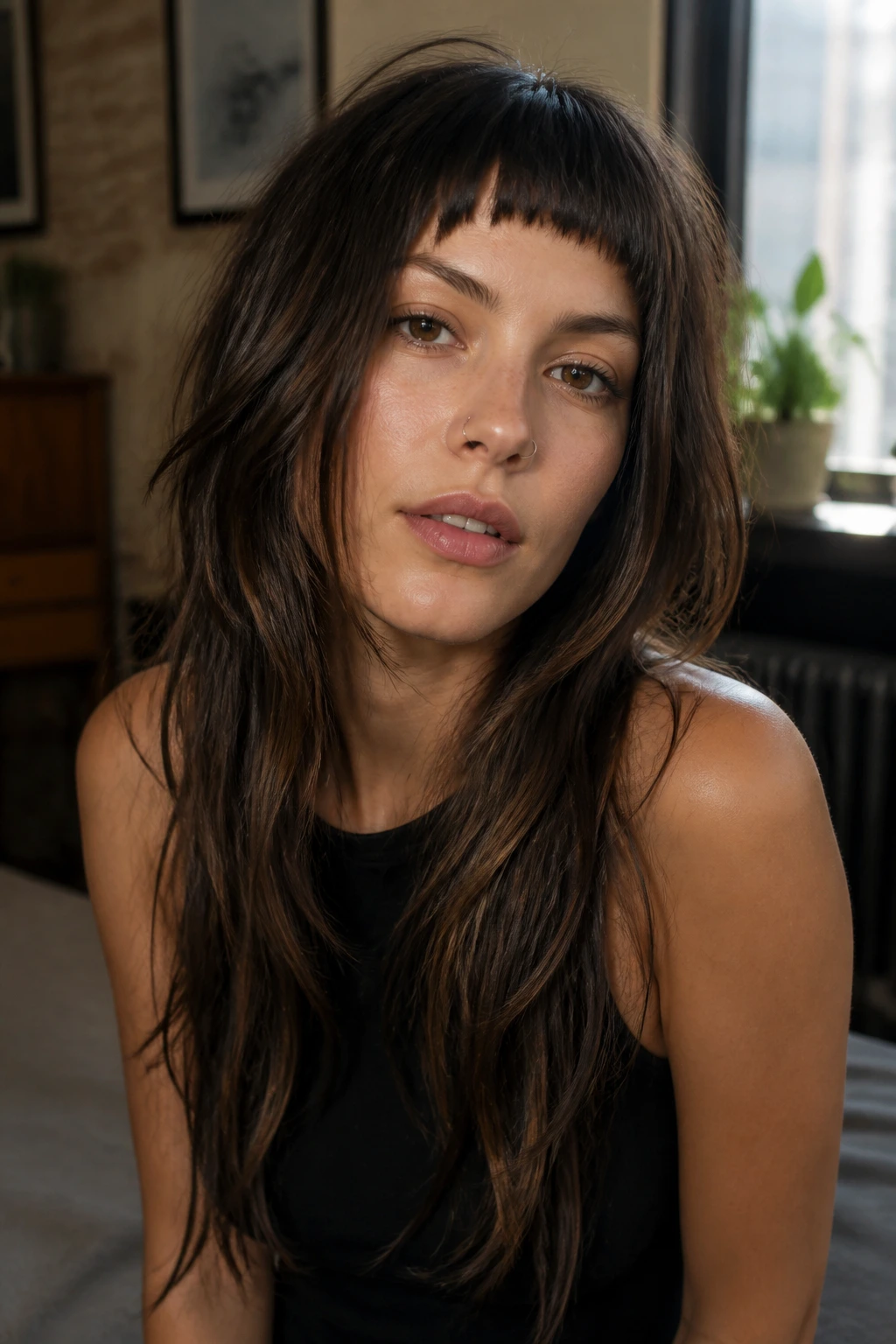Close-up of a real woman with baby bangs and shattered long layers