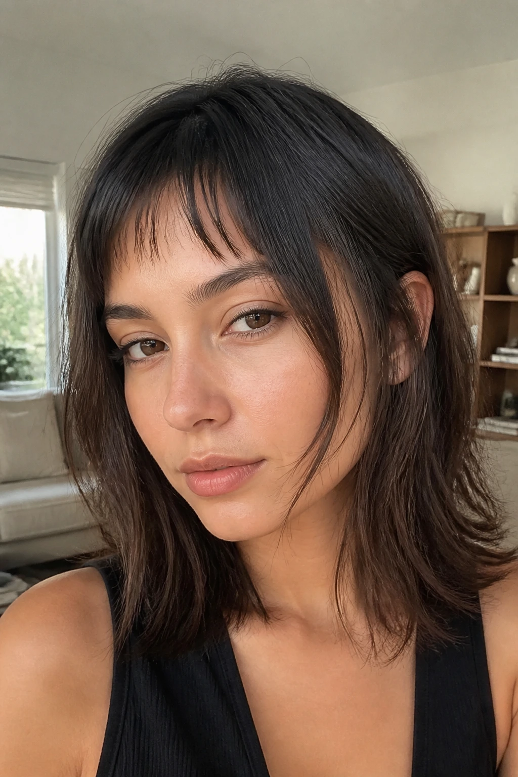 Portrait of a person with barely-there baby bangs and long sides
