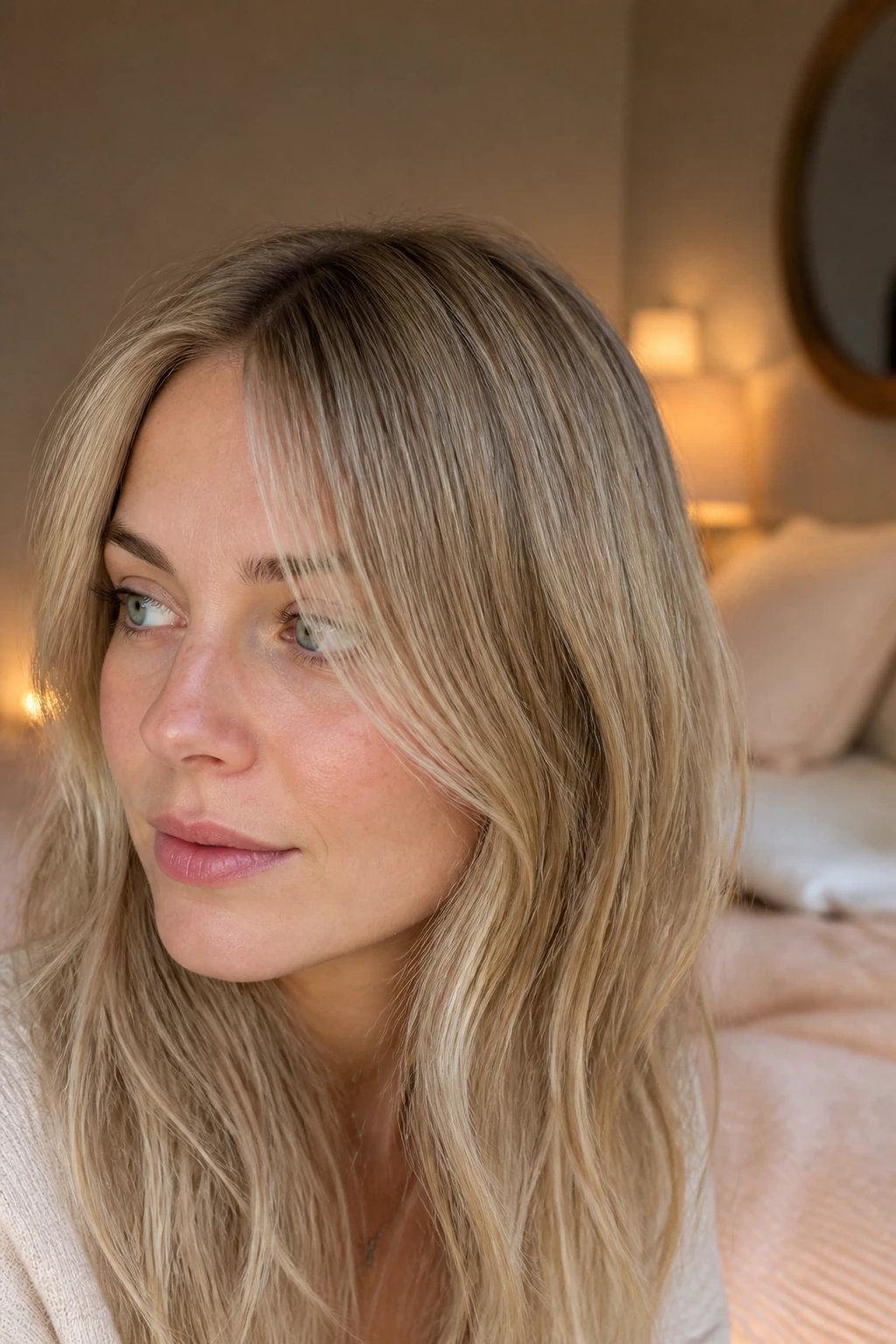Close-up of a real woman with tiny beige babylights on fine hair in warm indoor light