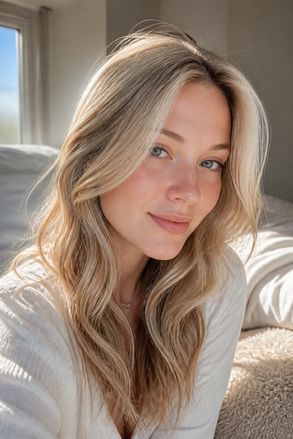 Close-up of baby blonde hair with a caramel veil underlayers on a real woman