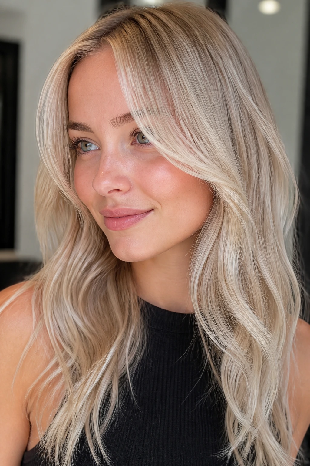 Close-up of baby blonde with champagne veils on a real person