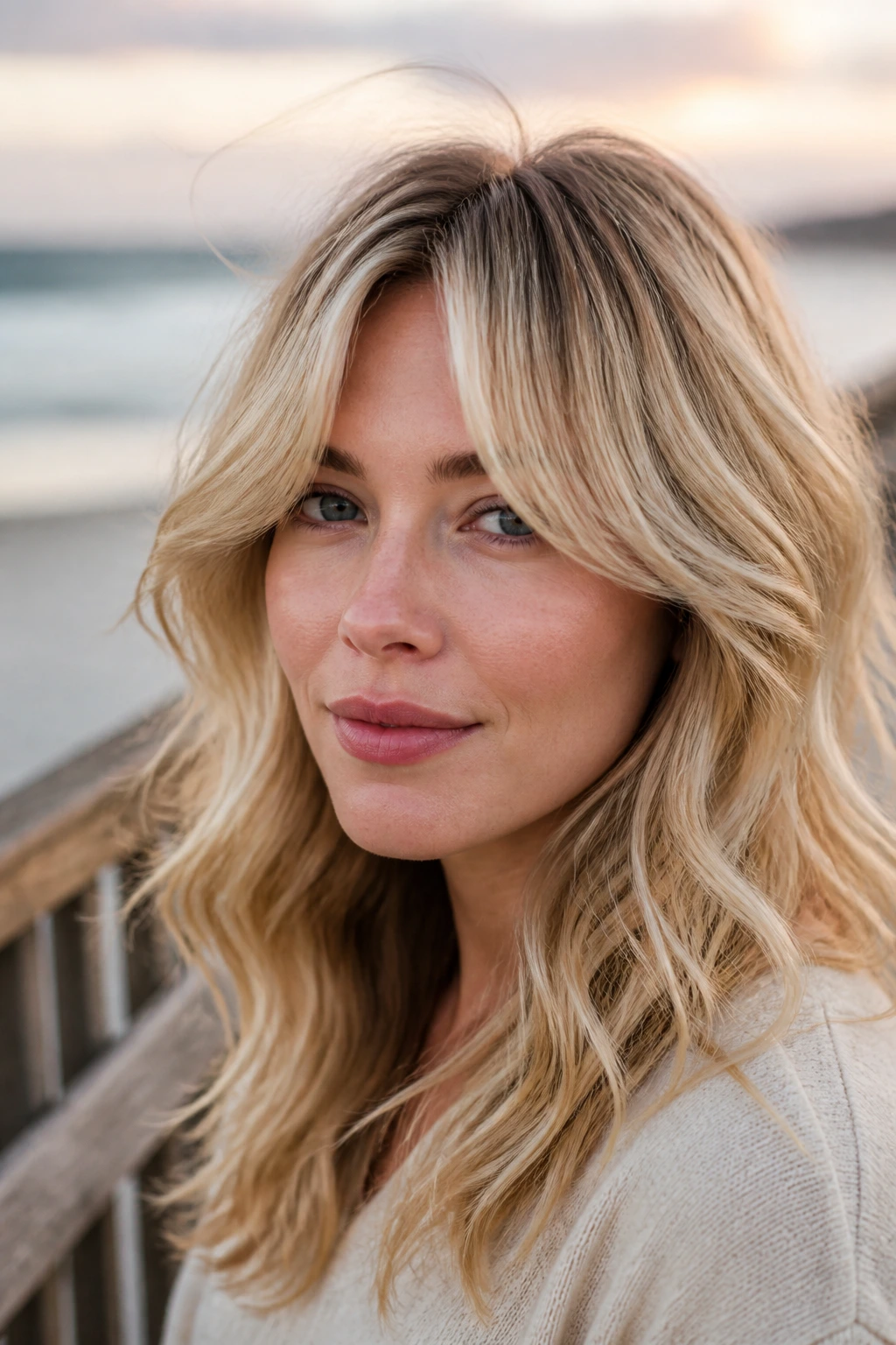 Portrait of a real woman with baby blonde waves and grown-out curtain bangs on a seaside boardwalk