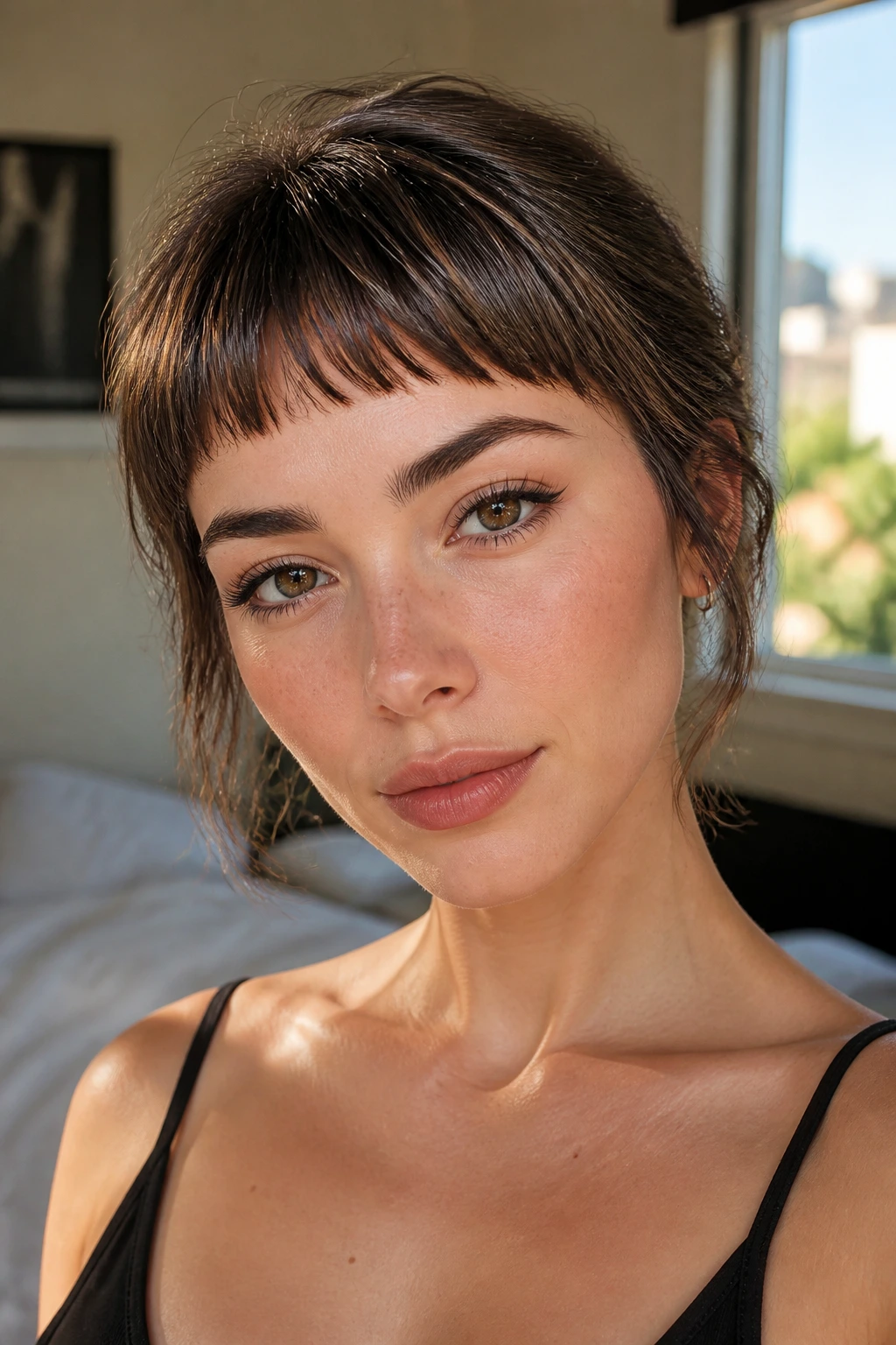 Close-up portrait of a real woman with textured baby bangs