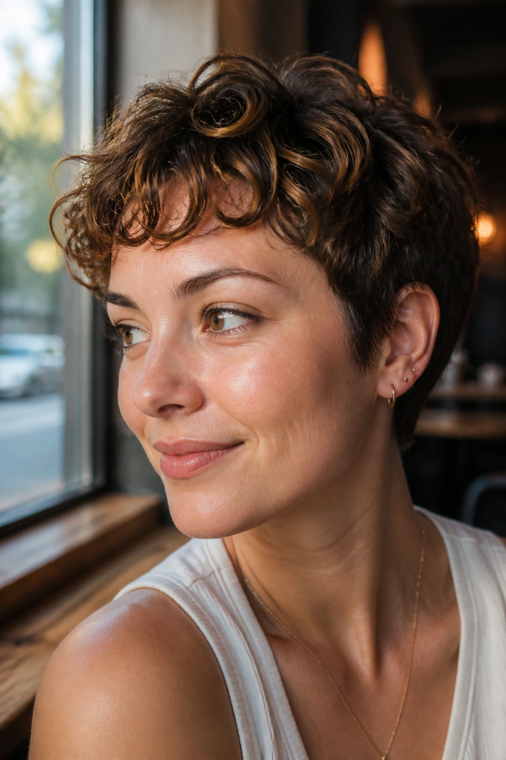 Close-up portrait of a woman with a baby fringe curly pixie and caramel fringe highlights.