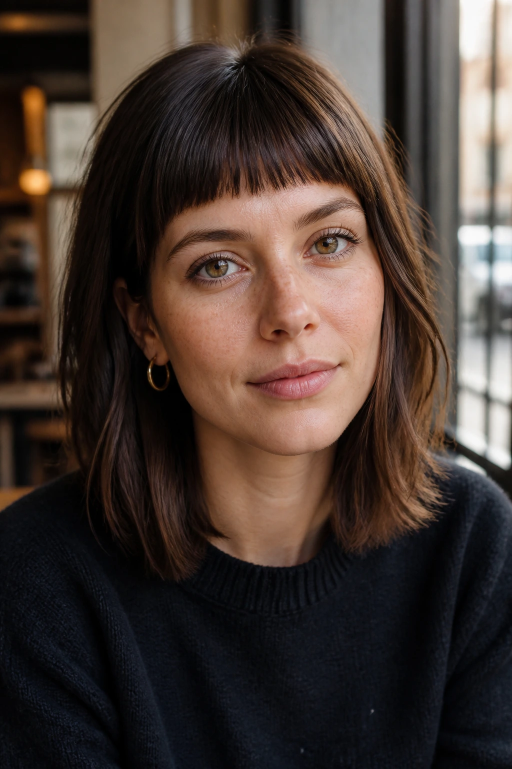 Woman with baby fringe and shoulder-length crop in cafe window light.