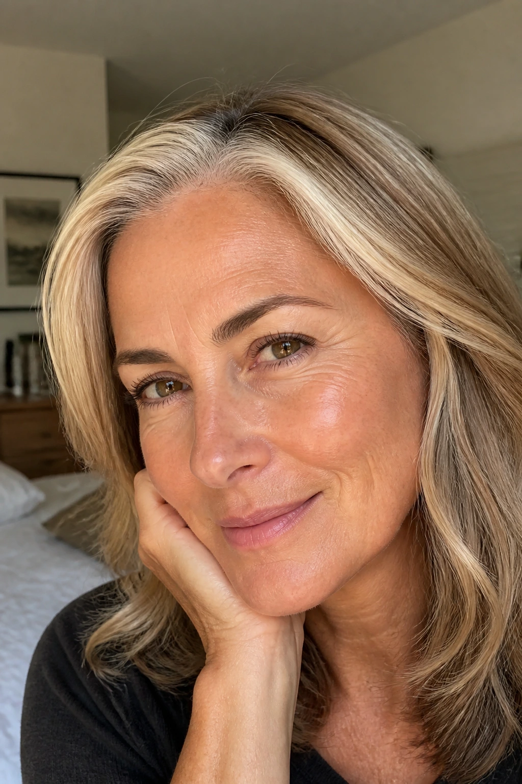 Portrait of a woman with subtle baby blonde highlights at the hairline.