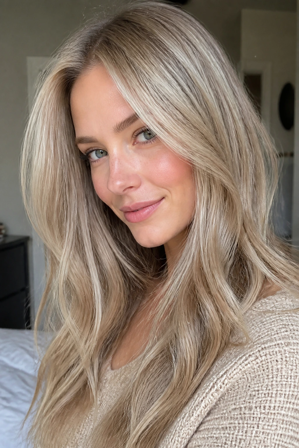 Close-up portrait of a woman with baby-lights ash-blonde hair framing her face