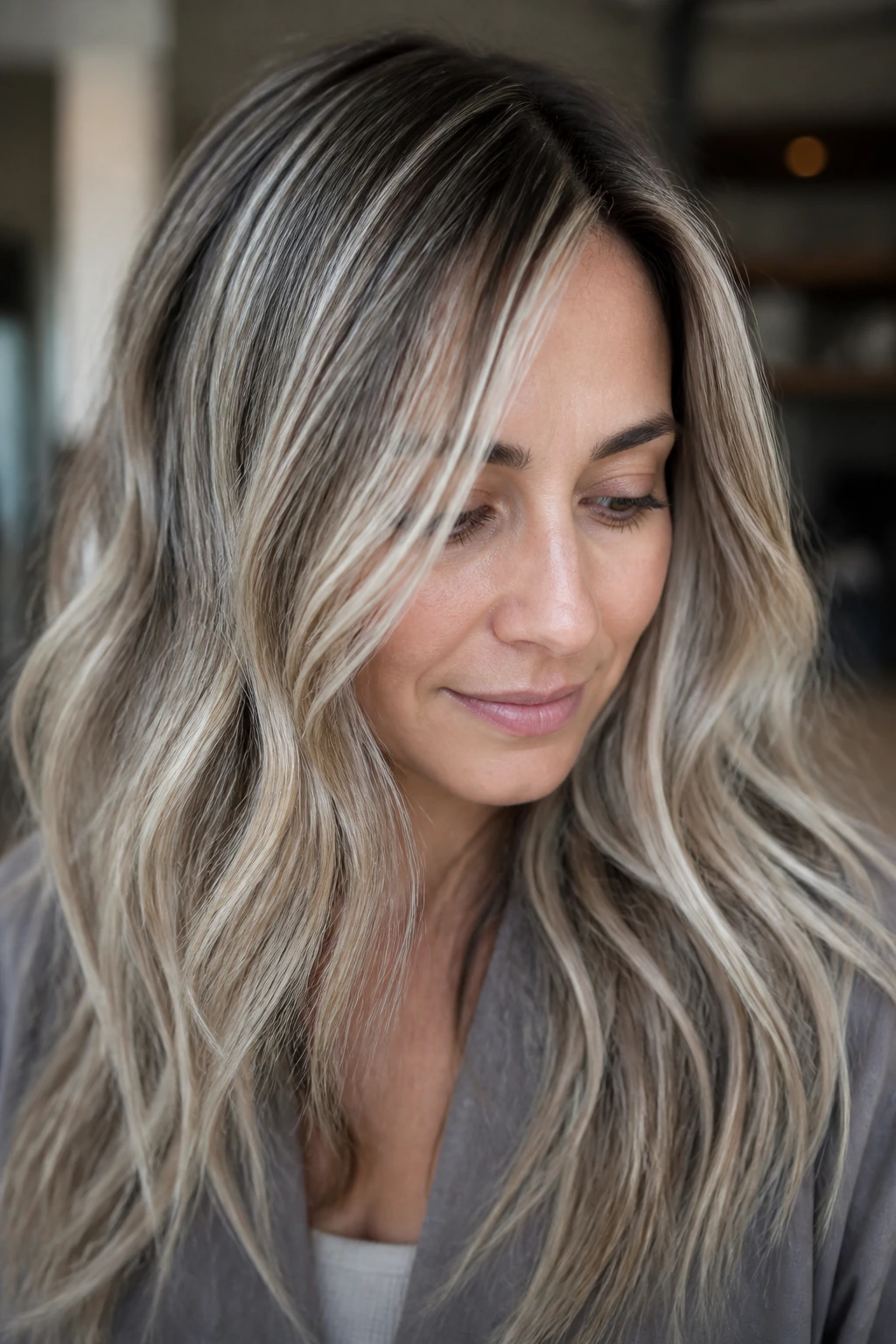 Real woman with baby-lights and balayage blend in ash blonde for cool skin tones