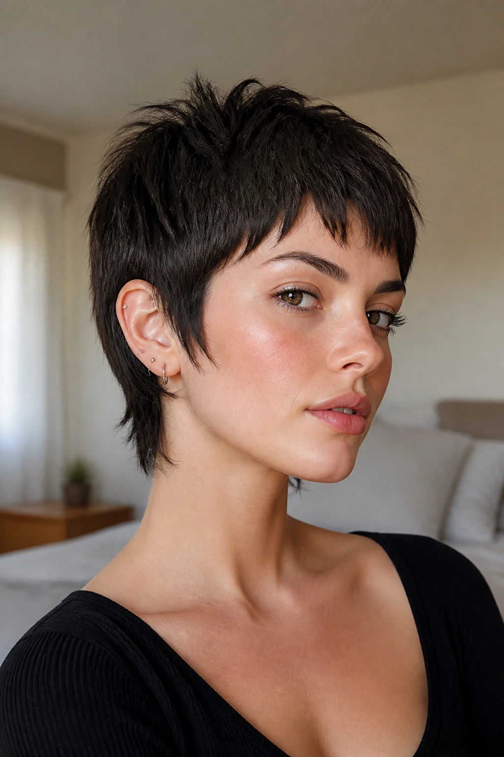 Close-up portrait of a real person with baby mullet pixie and ear-grazing sides under soft window light