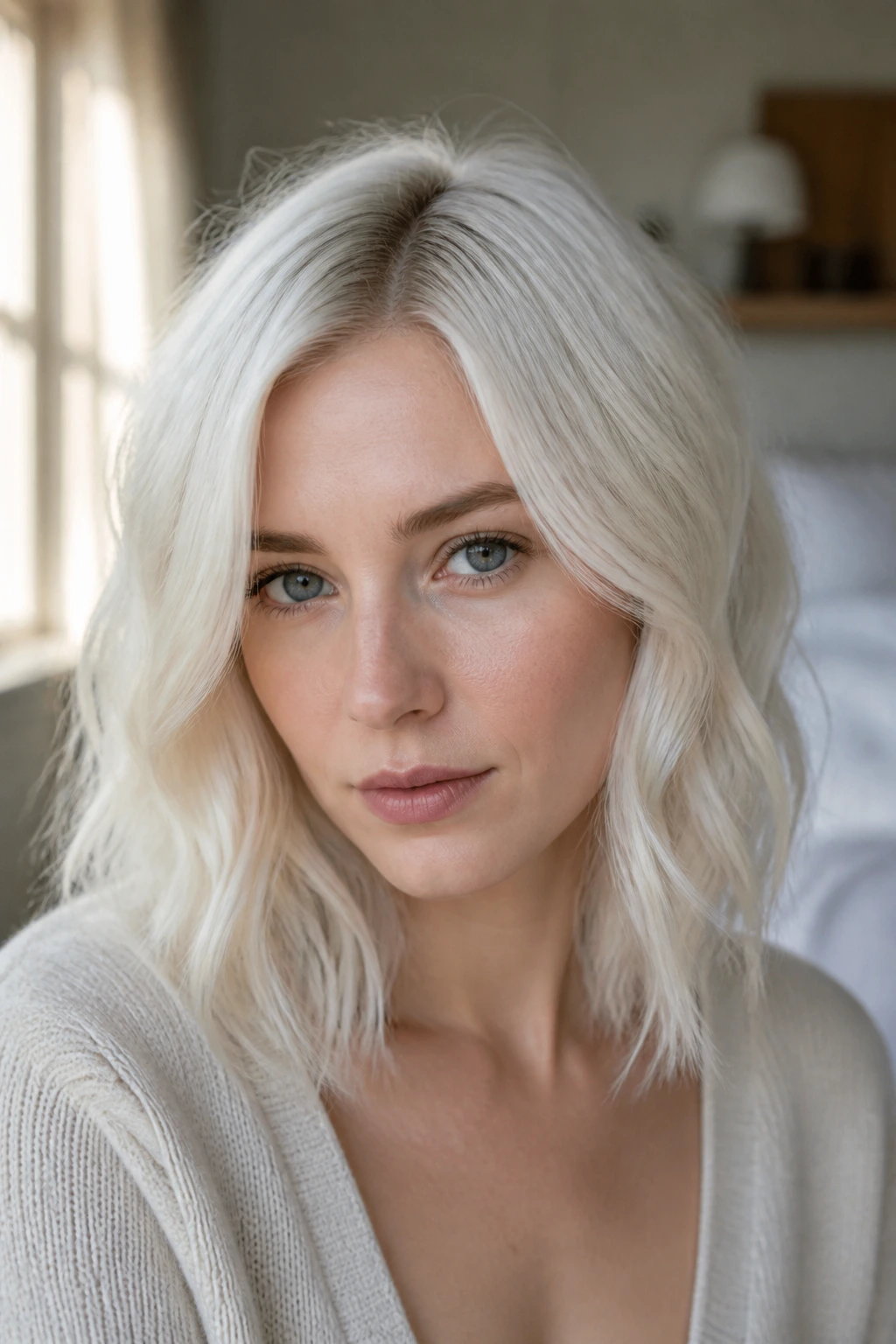 Close-up of a real woman with baby platinum hair and micro root shadow, shoulder-length waves, warm window light
