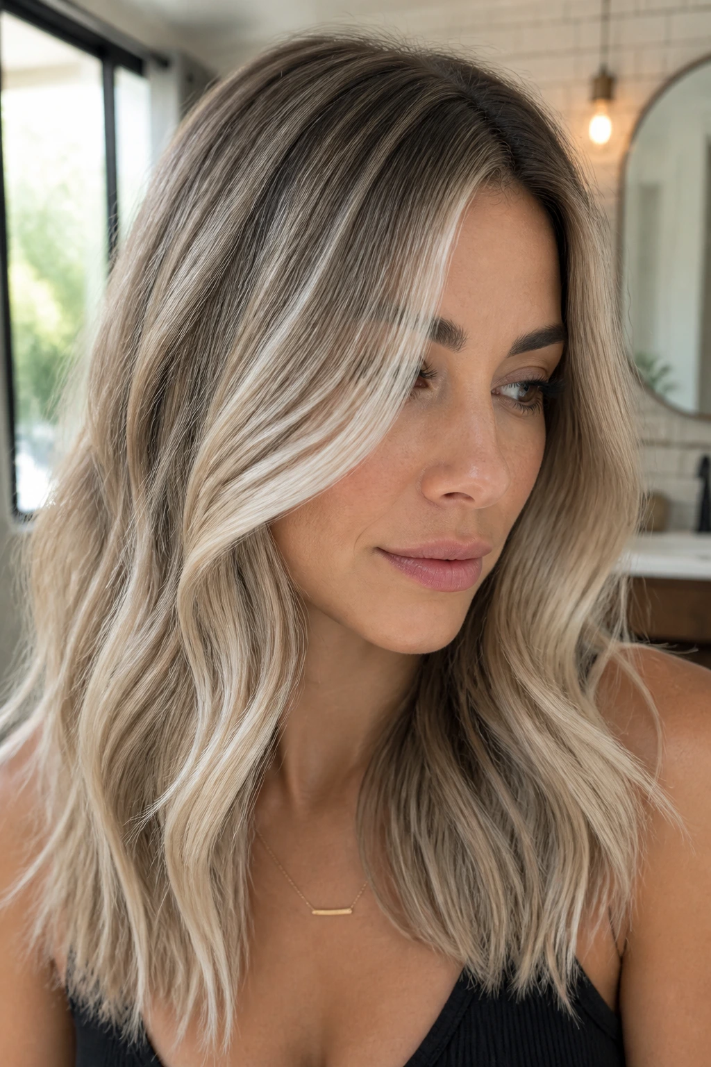 Close-up of brunette hair with micro-fine platinum babylights on real person