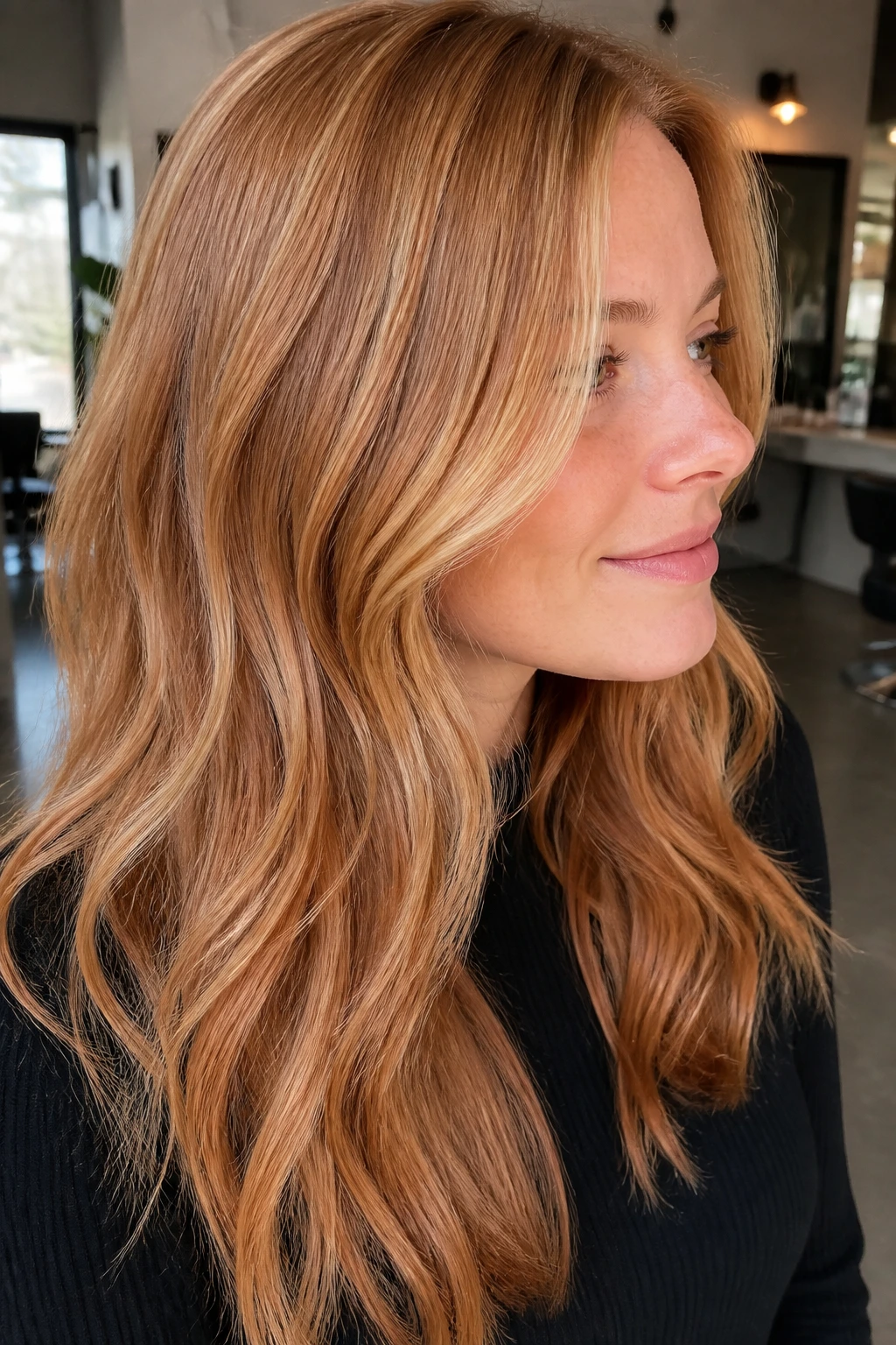 Portrait of a woman with babylight strawberry blonde hair and delicate highlights