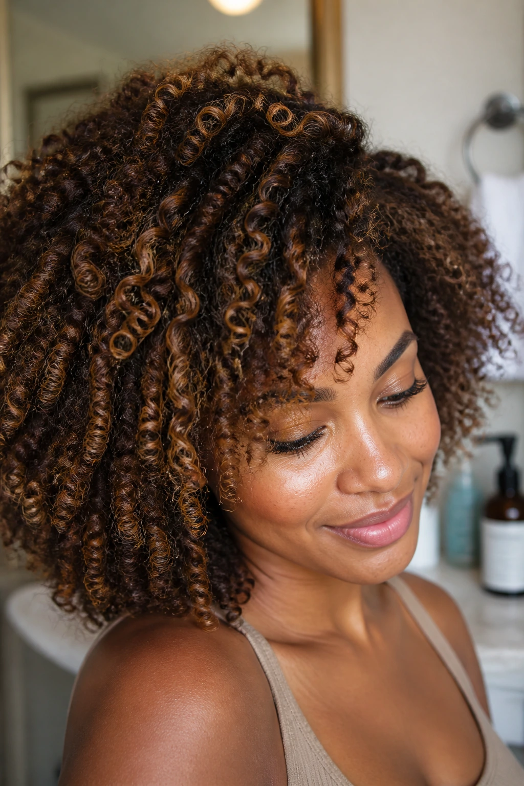 Close-up of a real woman’s babylighted curls in a warm bathroom