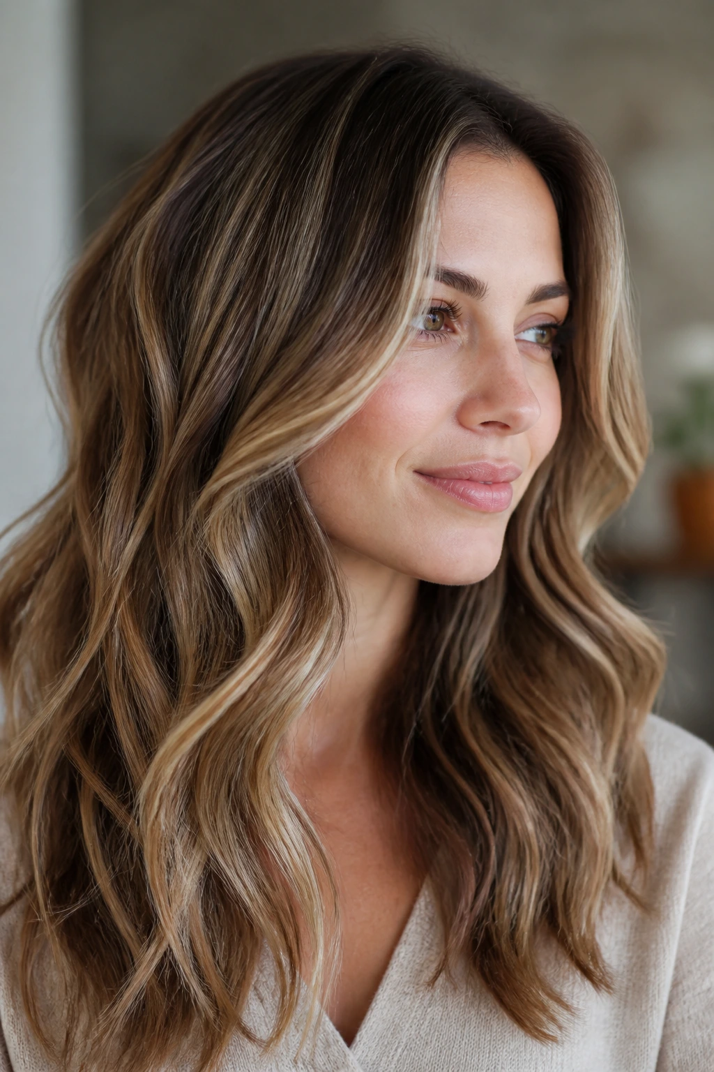 Portrait of hair with subtly blended babylights and base color harmony