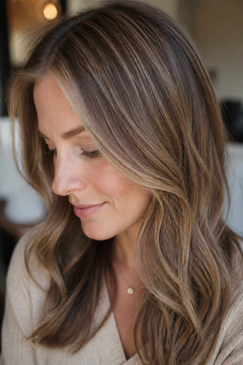 Close-up of fine hair with beige caramel babylights blending into cool brown on a real person