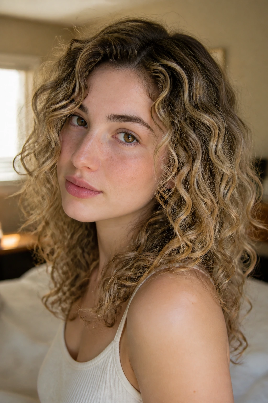 Close-up of curly hair with fine beige babylights around the crown