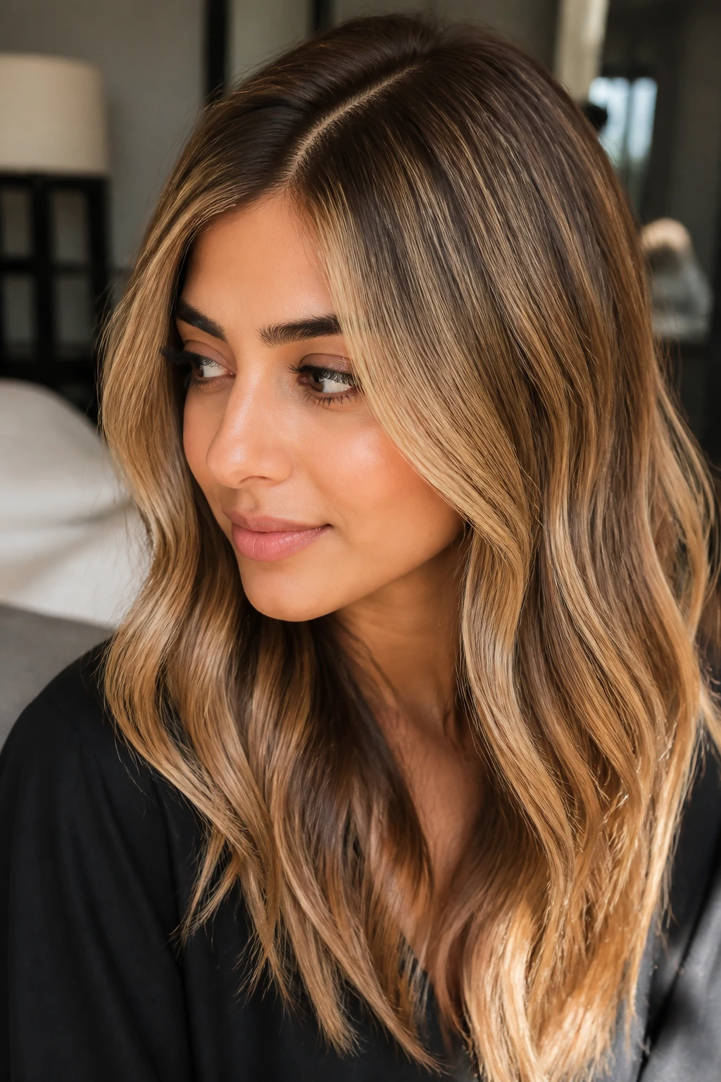 Olive-skinned person with beige honey babylights and soft part.