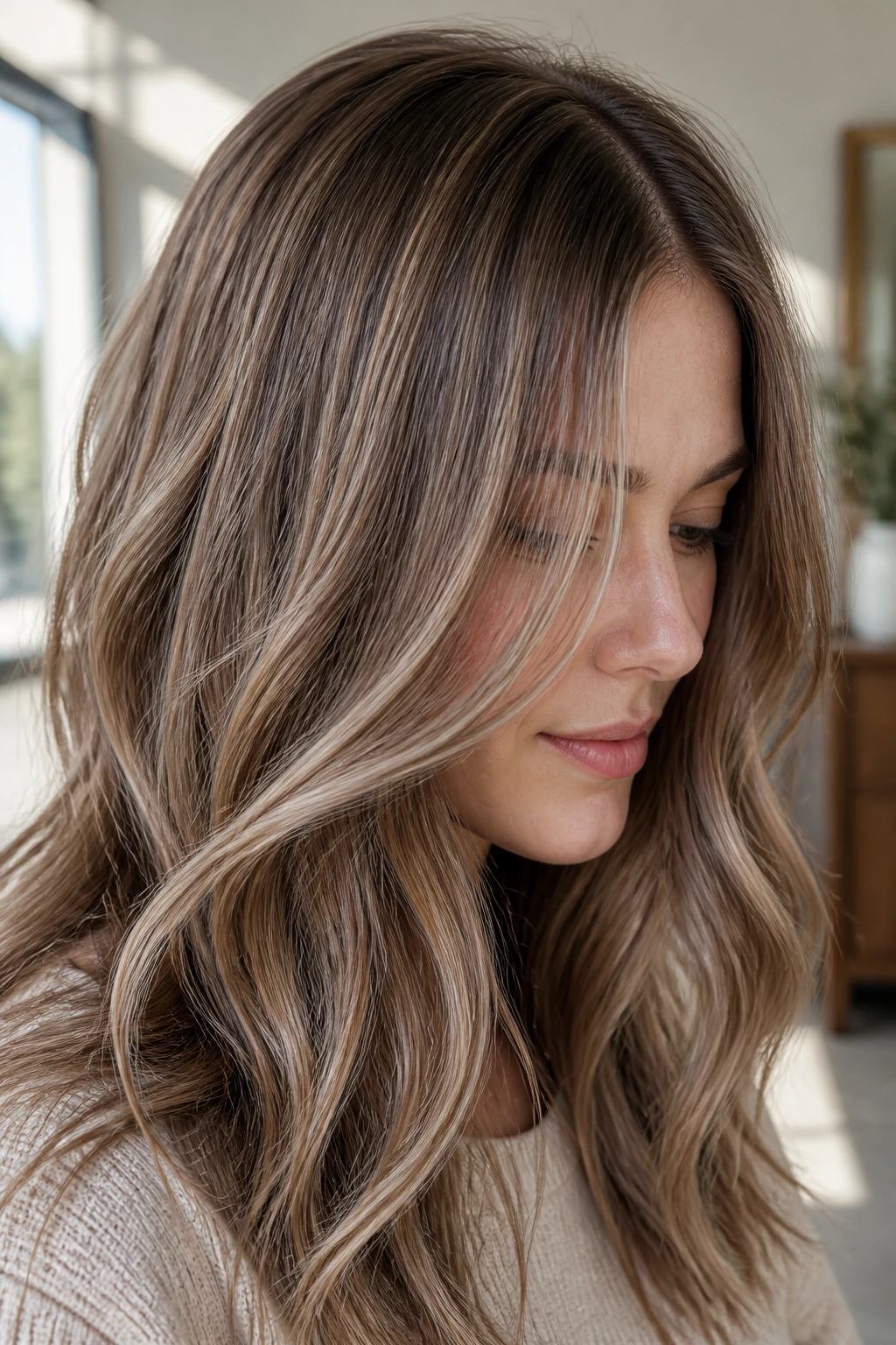 Close-up of a real woman with beige mocha babylights creating hazy dimension