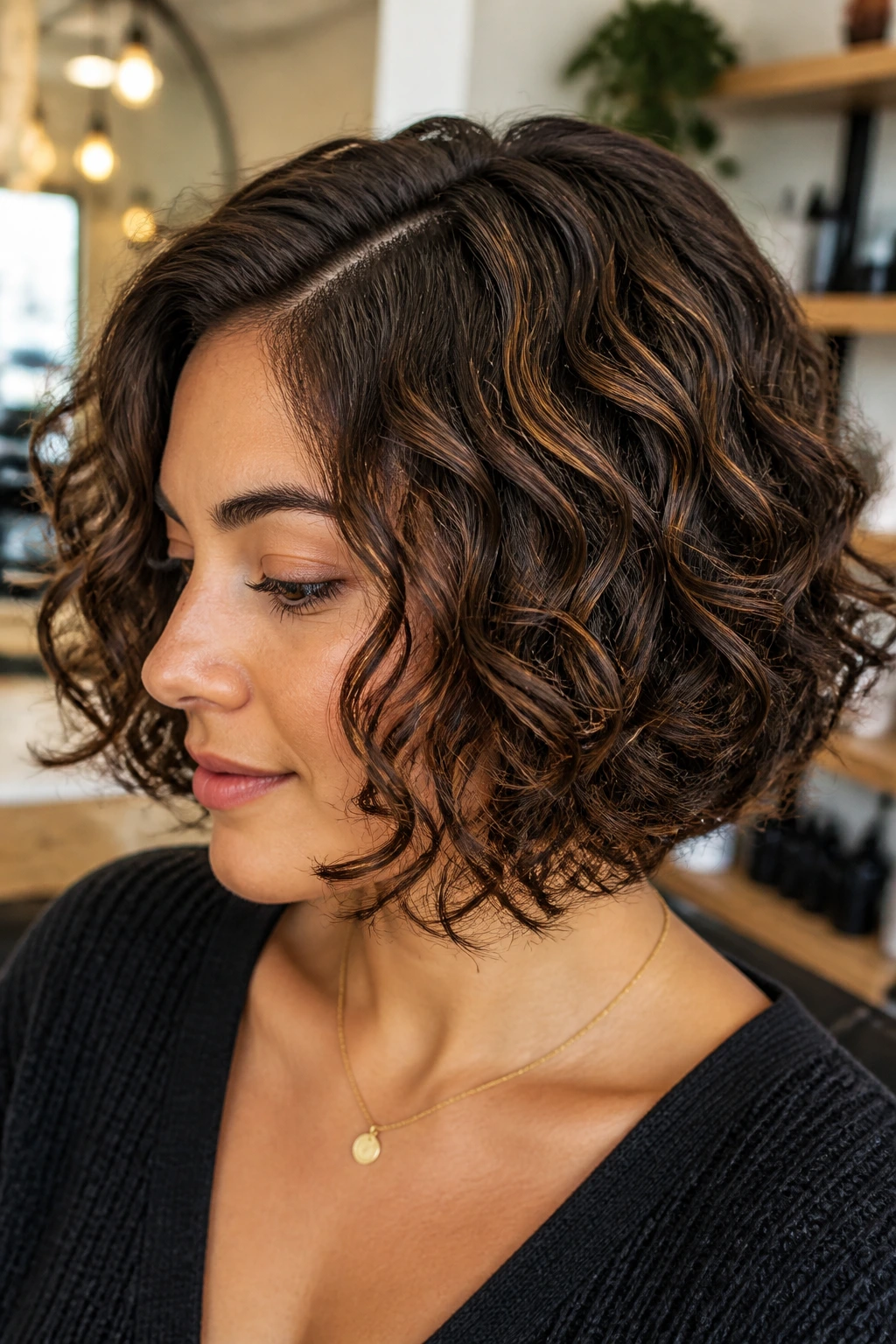 Close-up of a real woman with Chocolate Babylight Bob featuring dark base and subtle babylights on curls