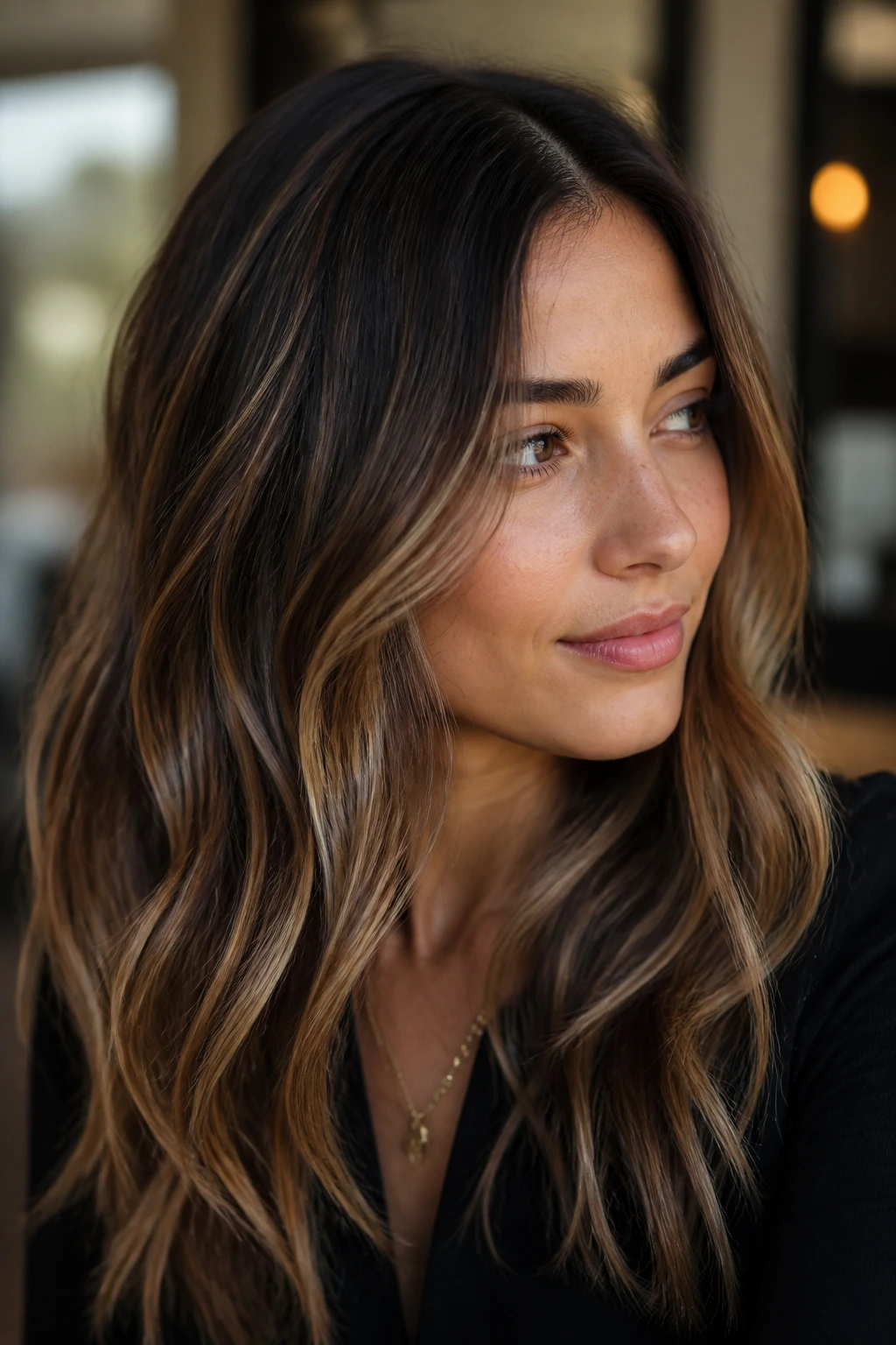 Brunette with subtle babylights close-up portrait in natural light