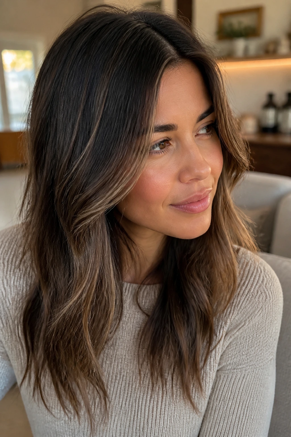 Portrait of brunette with subtle babylights around the face, soft lighting