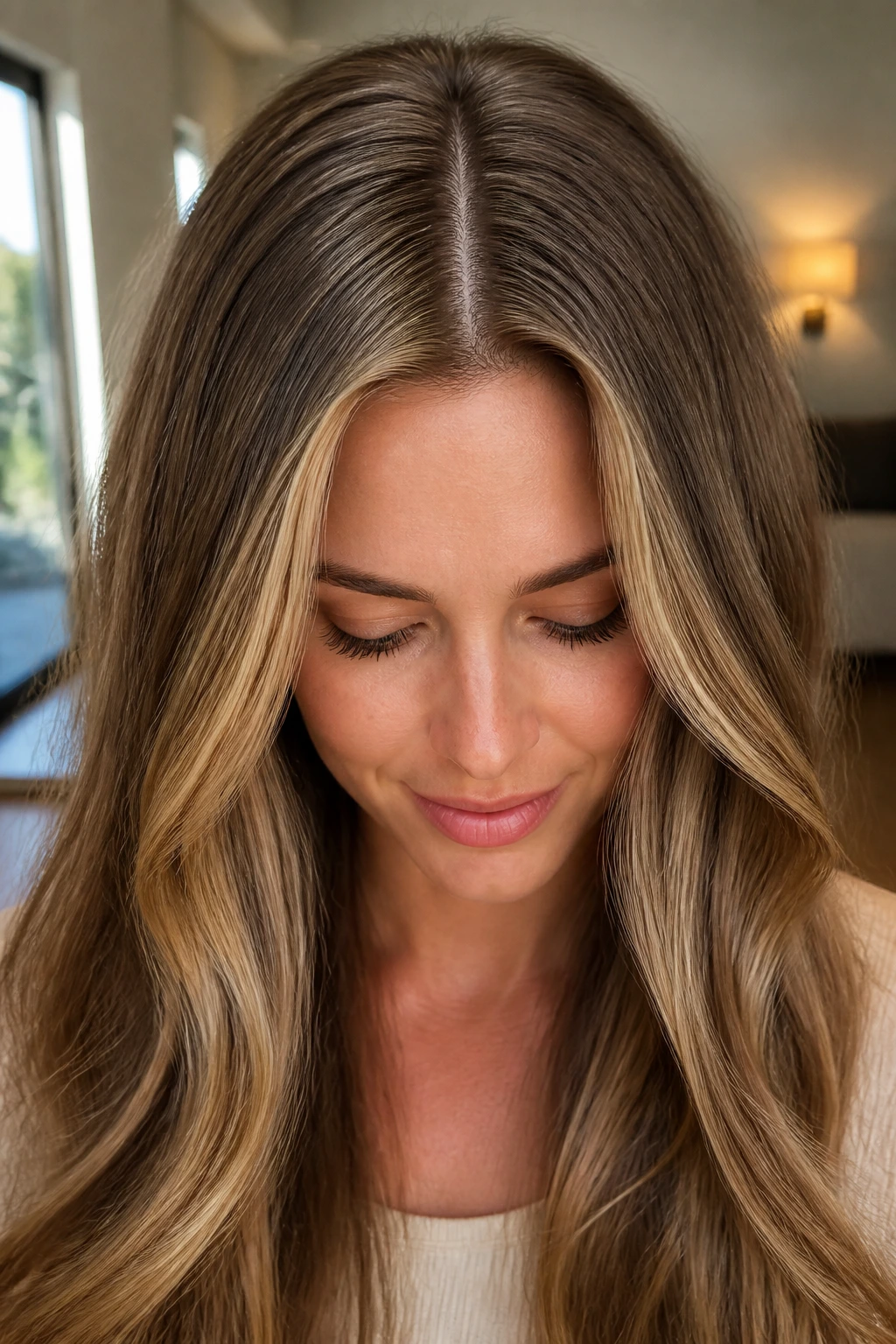 Ultra-fine babylights along center part on real woman's hair