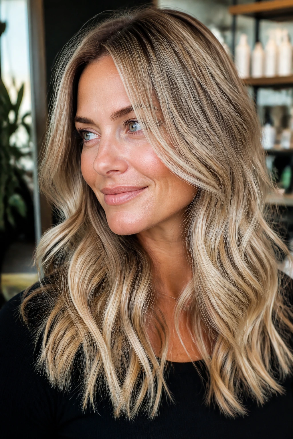Close-up of a woman with soft babylights and champagne tones showing depth