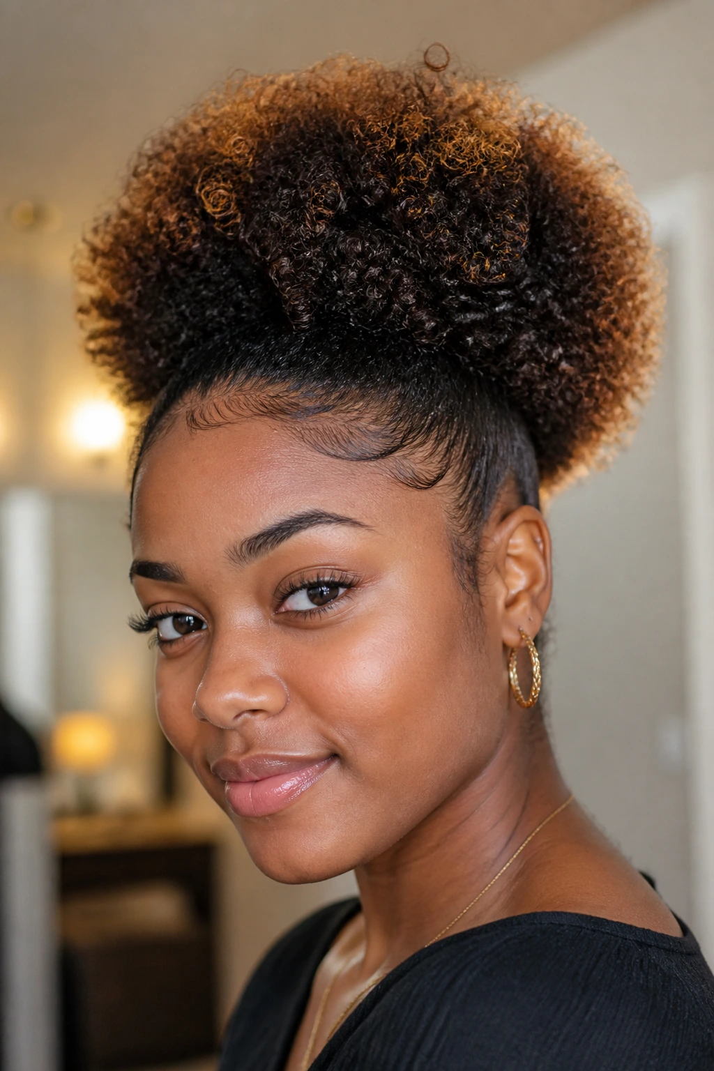 Close-up of a person with high puff and cinnamon halo babylights.