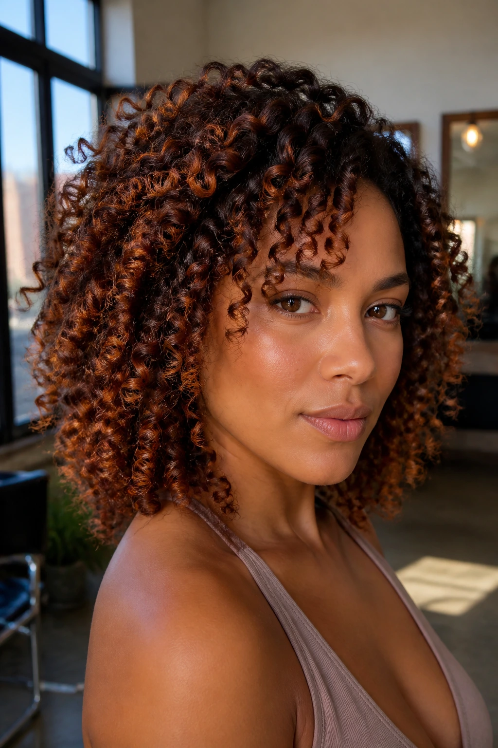 Close-up of a person with copper-toned babylights accenting curly hair.
