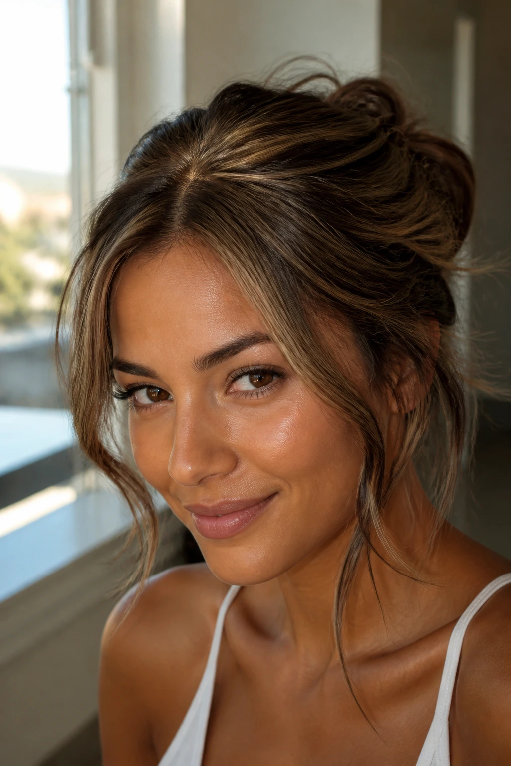 Portrait showing babylights around the crown on medium brown hair