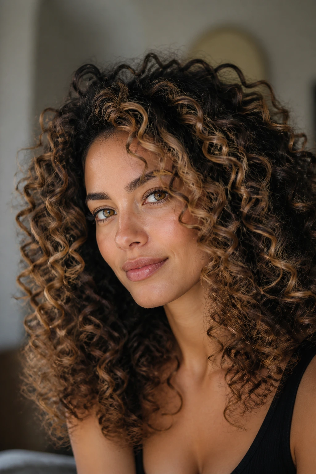 Portrait of a real person with babylights enhancing curly fullness.
