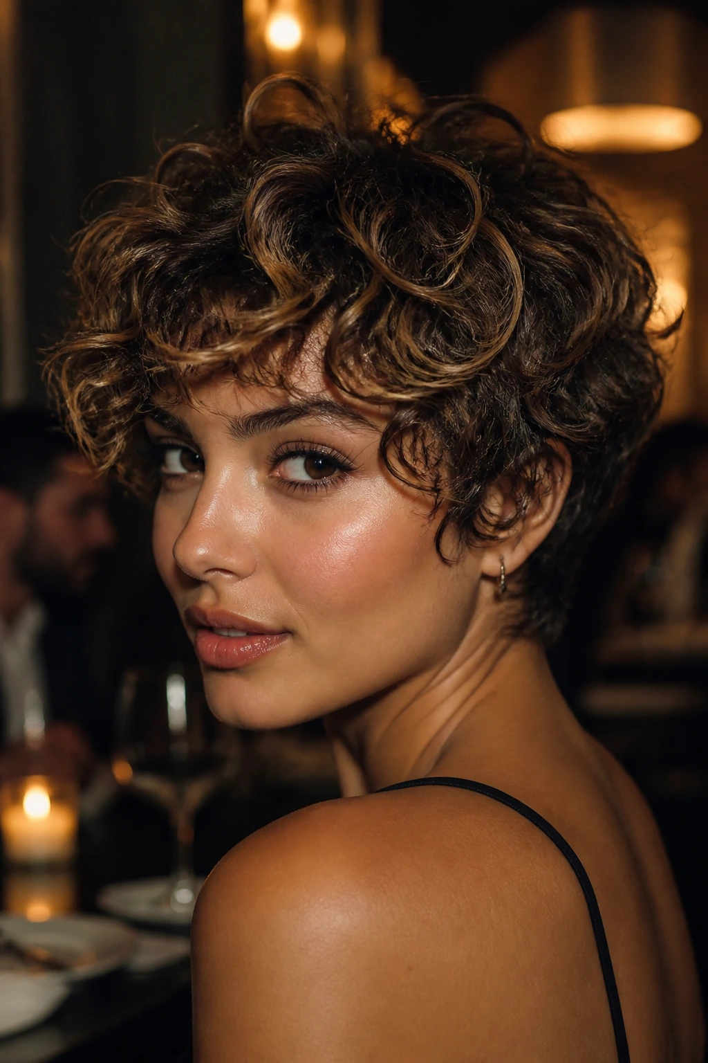 Close-up of short curly hair with babylights in dim restaurant lighting