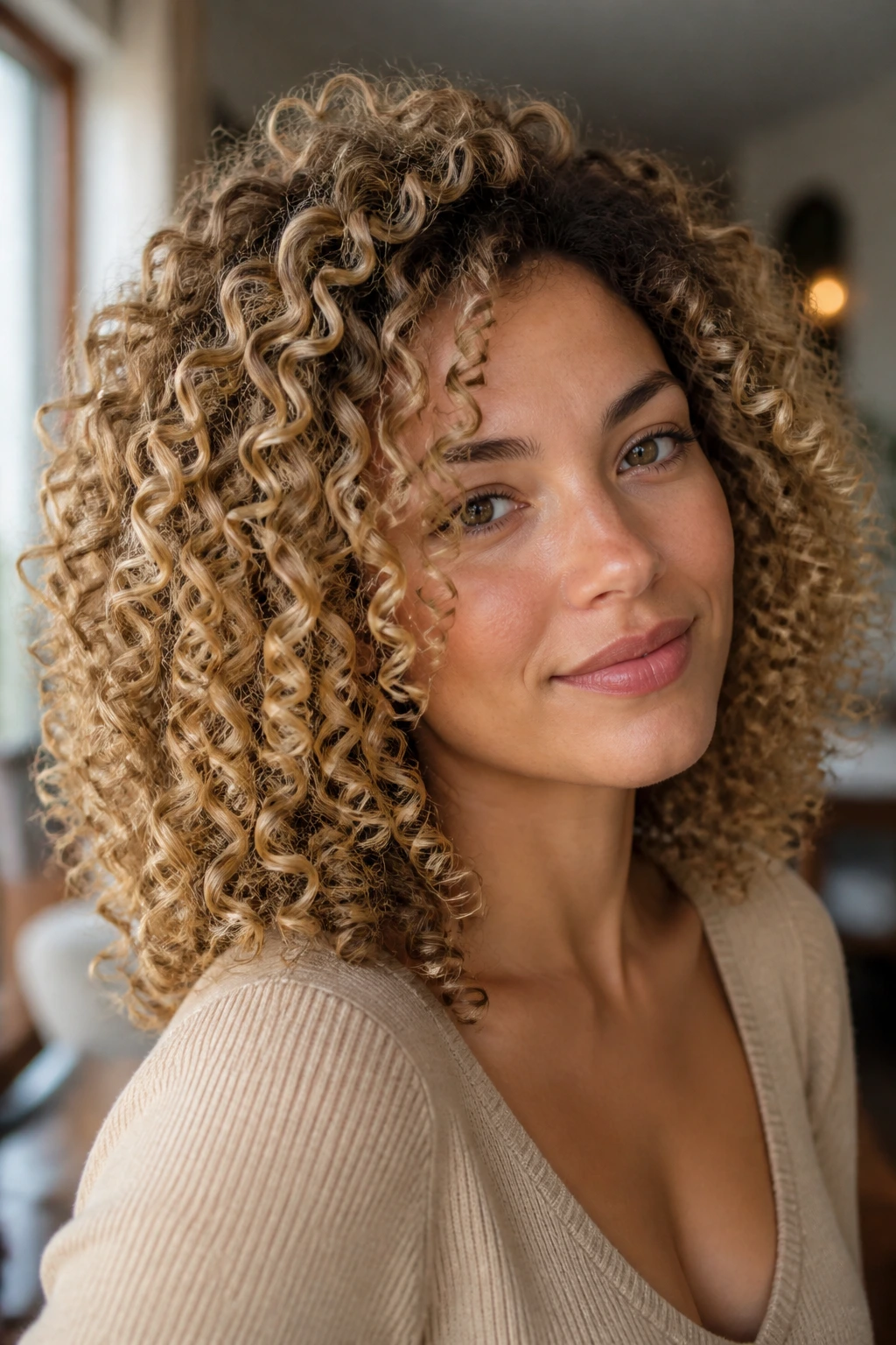 Close-up portrait of a real woman with soft babylights on curly hair