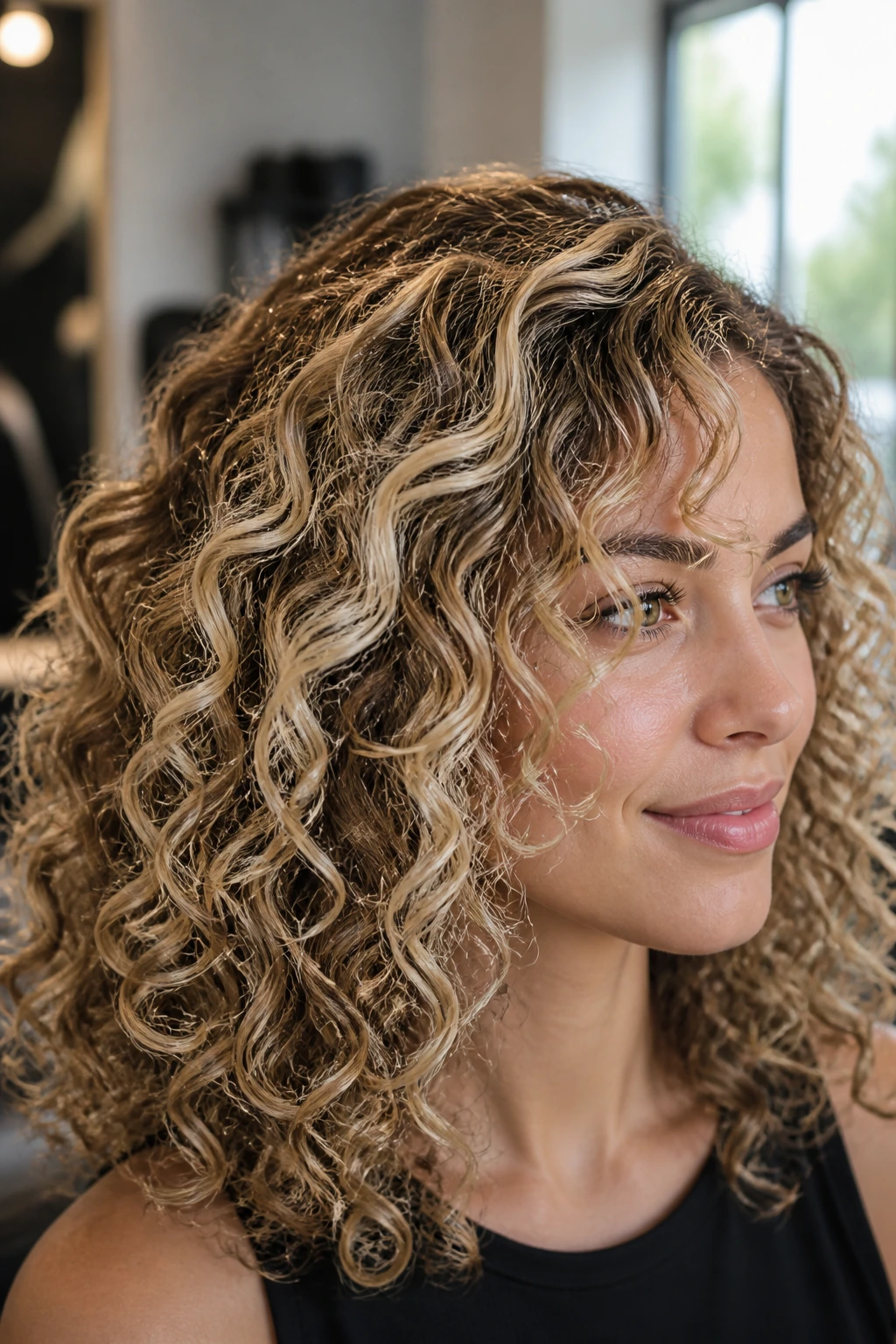 Close-up of a real woman's curly hair with delicate babylights visible