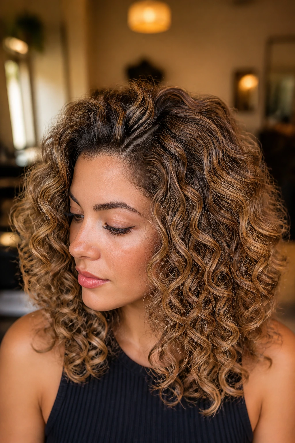 Close-up portrait of a real woman with curly hair and babylights in warm salon light