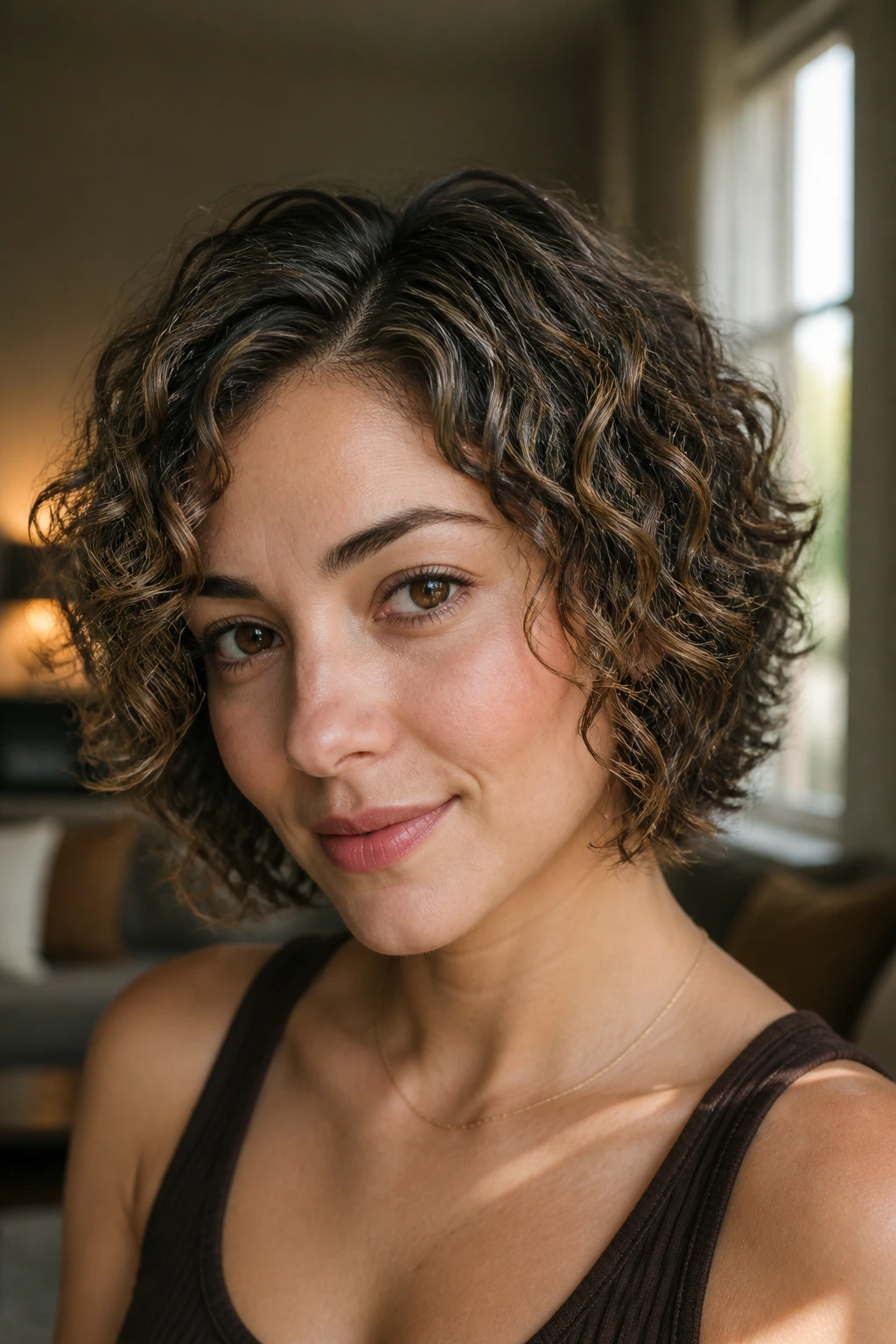 Close-up of a real woman with a curly bob and fine babylights at crown