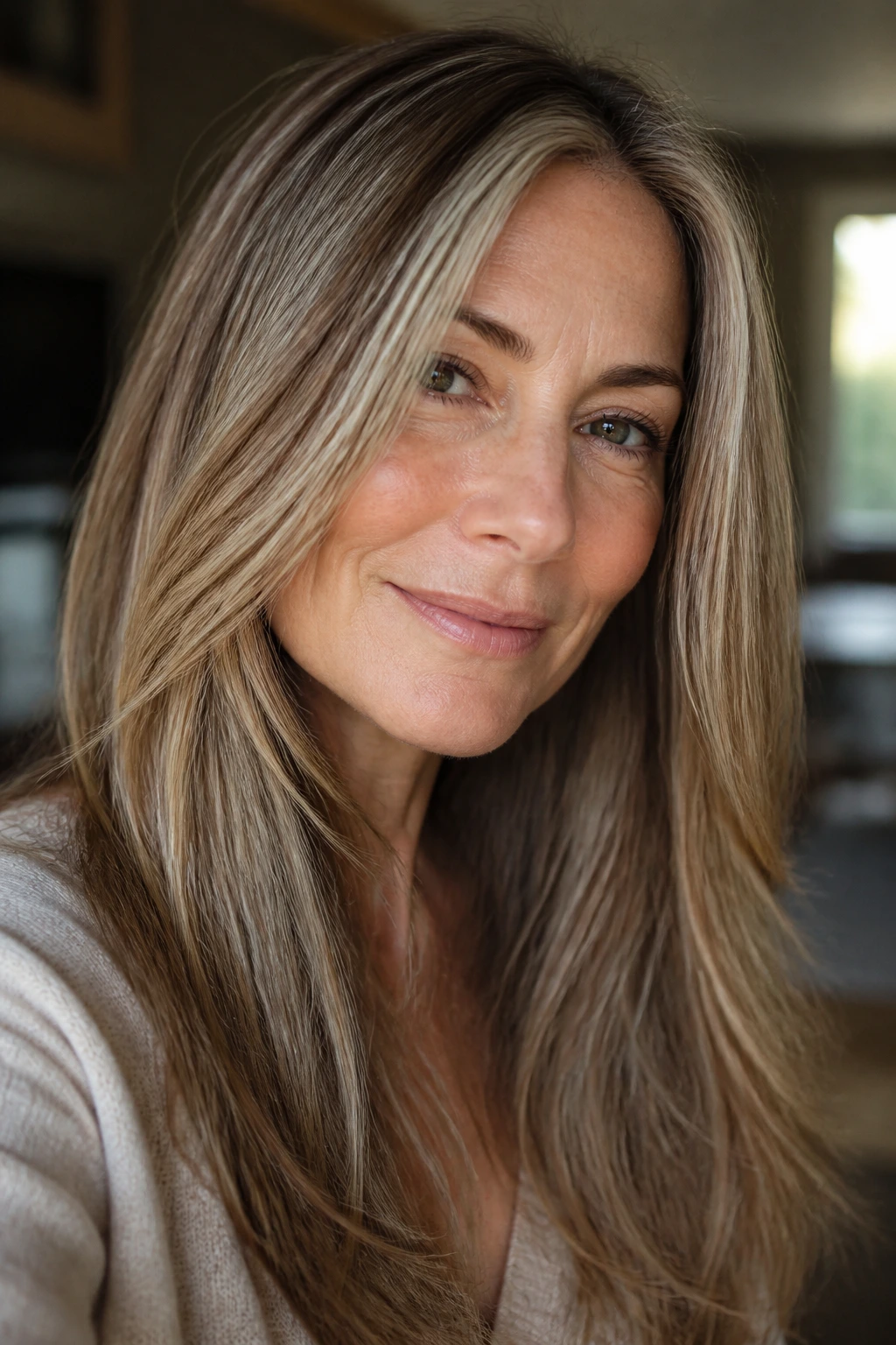 Close-up of long fine hair with babylights giving a denser look under natural light