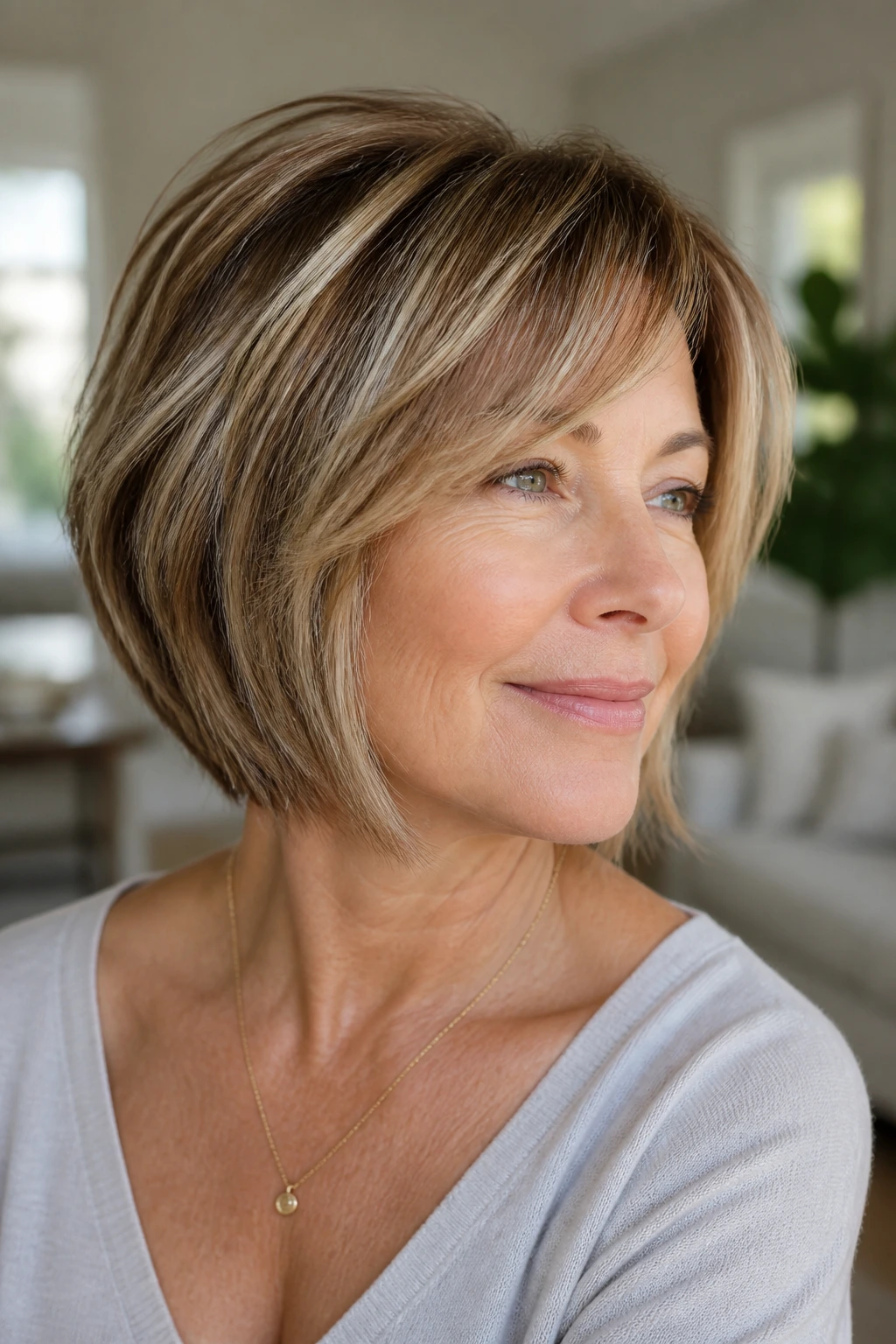 Close-up portrait showing babylights weaving through a layered haircut