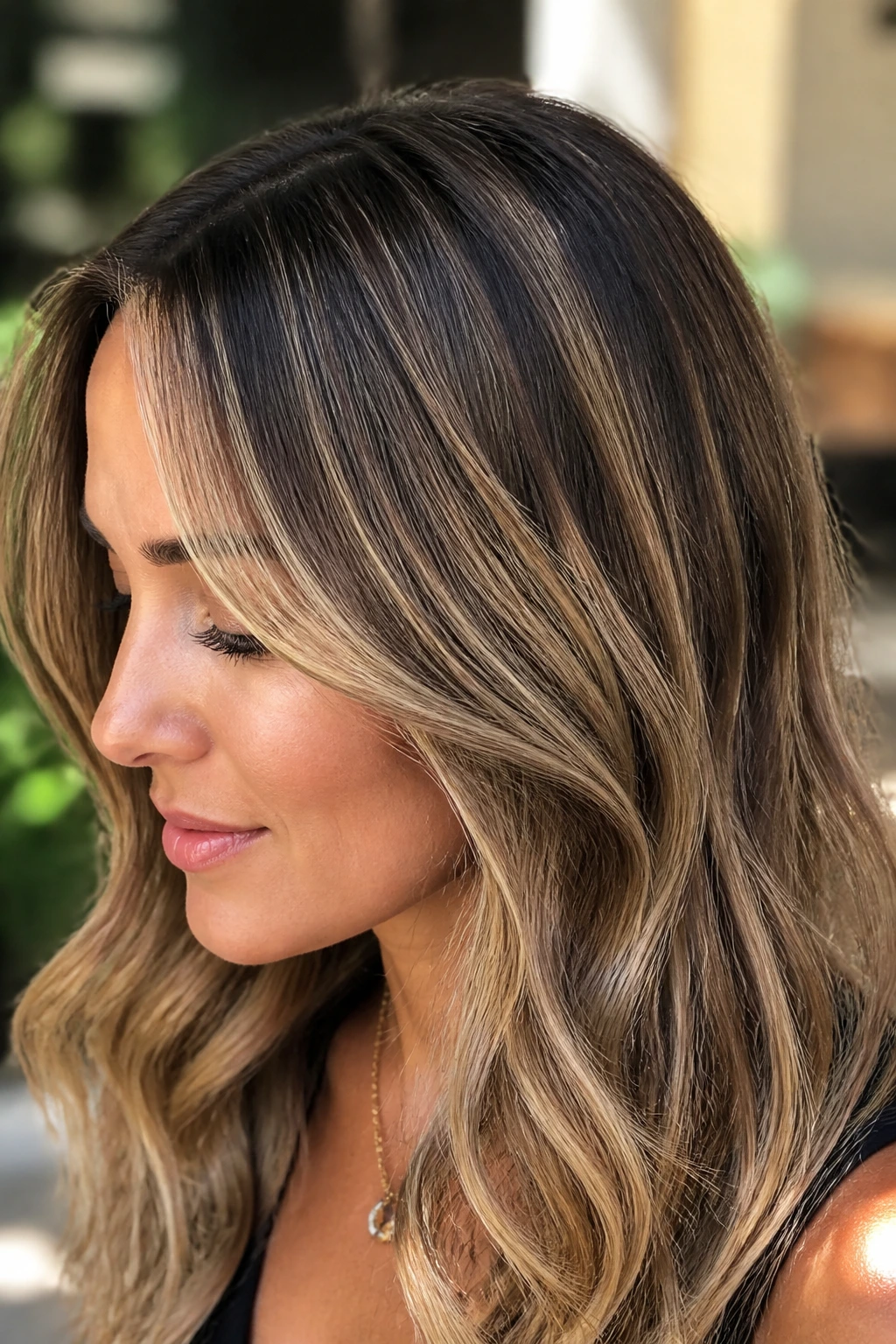 Brunette with delicate buttery babylights across the crown