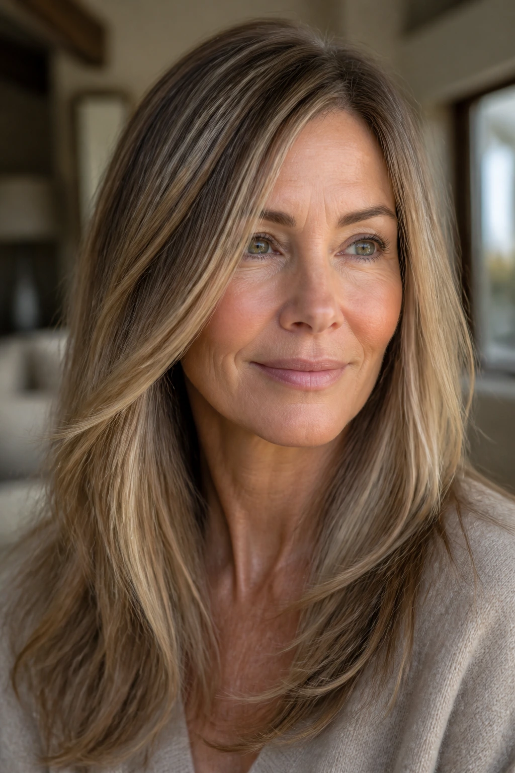 Close-up portrait of a woman with babylights in long fine hair, natural window light